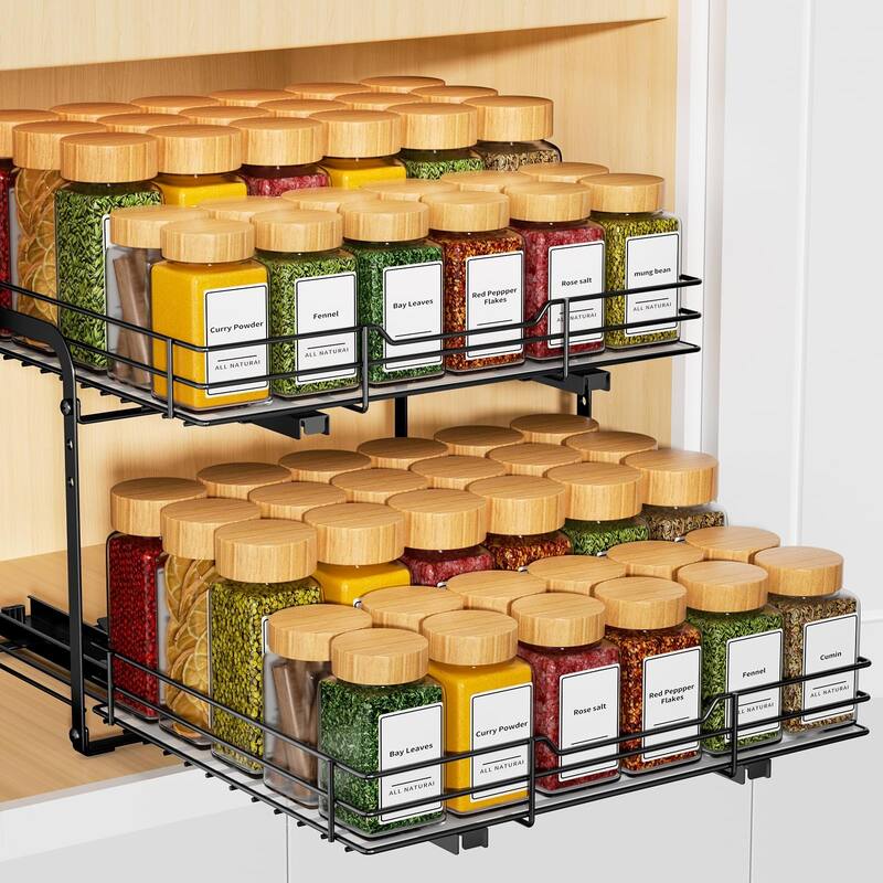 Pull out Spice Organization,2 Tier Slide out Spice Rack for Inside Cabinets & Pantry,Heavy Duty Height Adjustable Metal Racks - Silver
