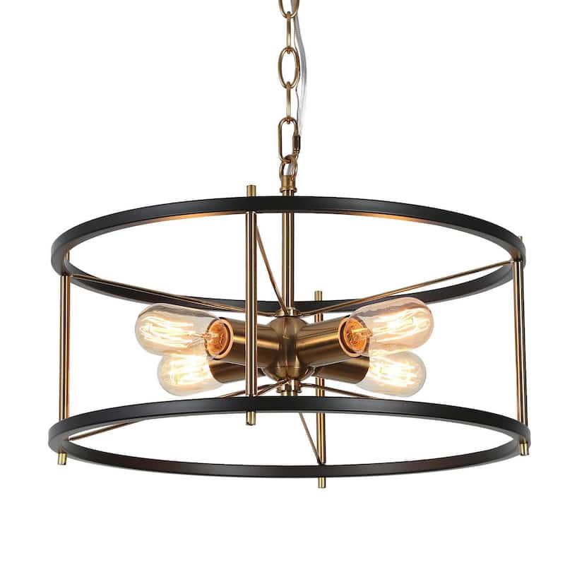 Modern Farmhouse 4-Light Black Gold Drum Chandelier Cage Pendant Lights for Kitchen Island - 17" D x 8" H