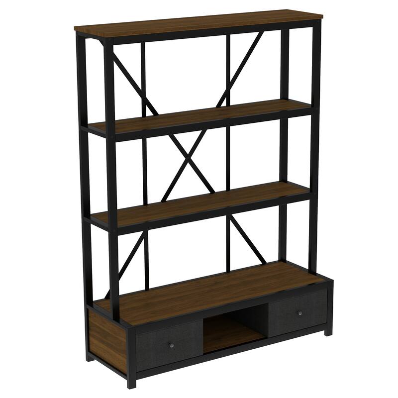 3-Shelf Metal Bookcase with Drawers for Home Office, Open Bookcase, Vintage Industrial Style Bookcase with LED