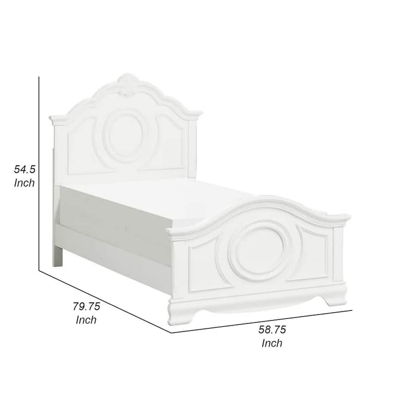 Lilya Traditional Full Size Bed, Bead Molding and Shell Motif, Crisp White