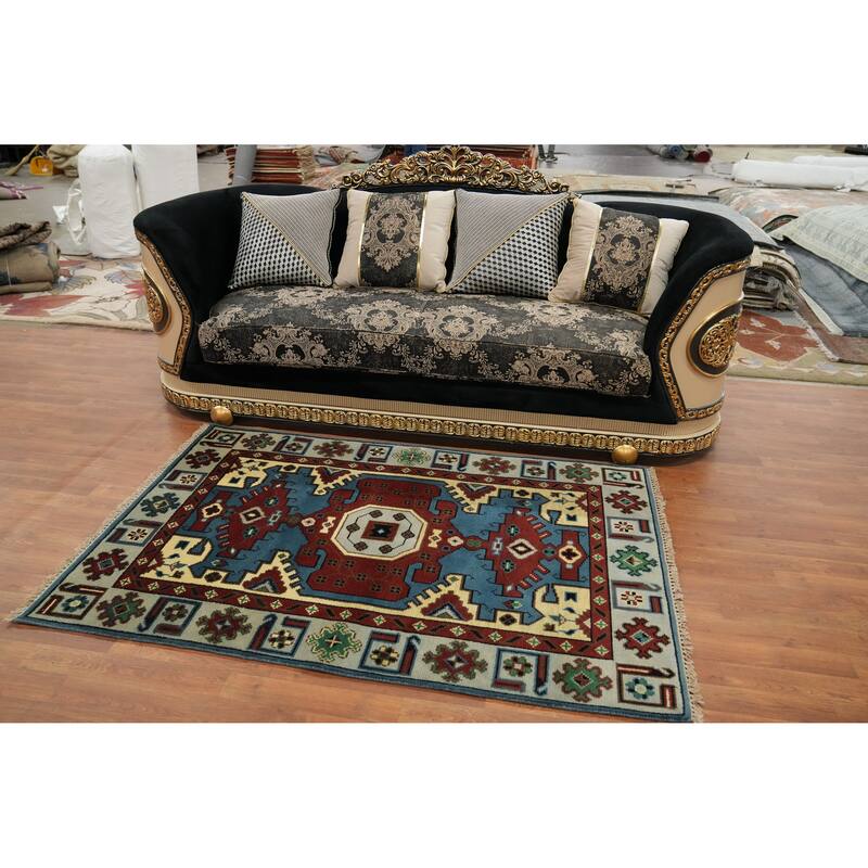 Hand-knotted Traditional Wool Blue Geometric Oriental Area Rug - 5' 11'' X 4' 0''