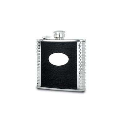 Curata Black Faux Leather Polished Stainless Steel 6 Ounce Hip Flask Funnel Oval Engraving Area