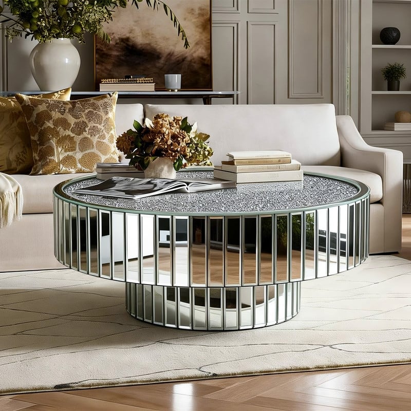 Round Mirrored Coffee Table Accent Table with Crushed Diamond