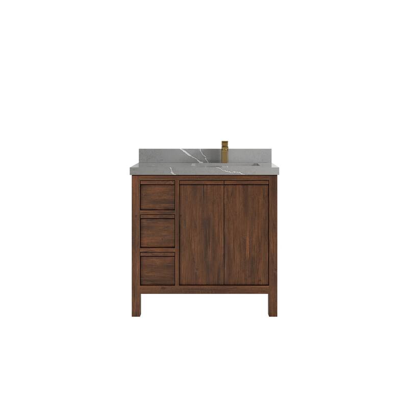 Willow Collections 36 in. W x 22 in. D Elizabeth Solid Teak Right Offset Sink Bathroom Vanity with Countertop - 2" Piatra Gray - Dark Walnut