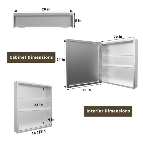 dimension image slide 1 of 6, Modland Single Door Bathroom Medicine Cabinet with Mirror Adjustable Shelves,Recessed or Surface Mount