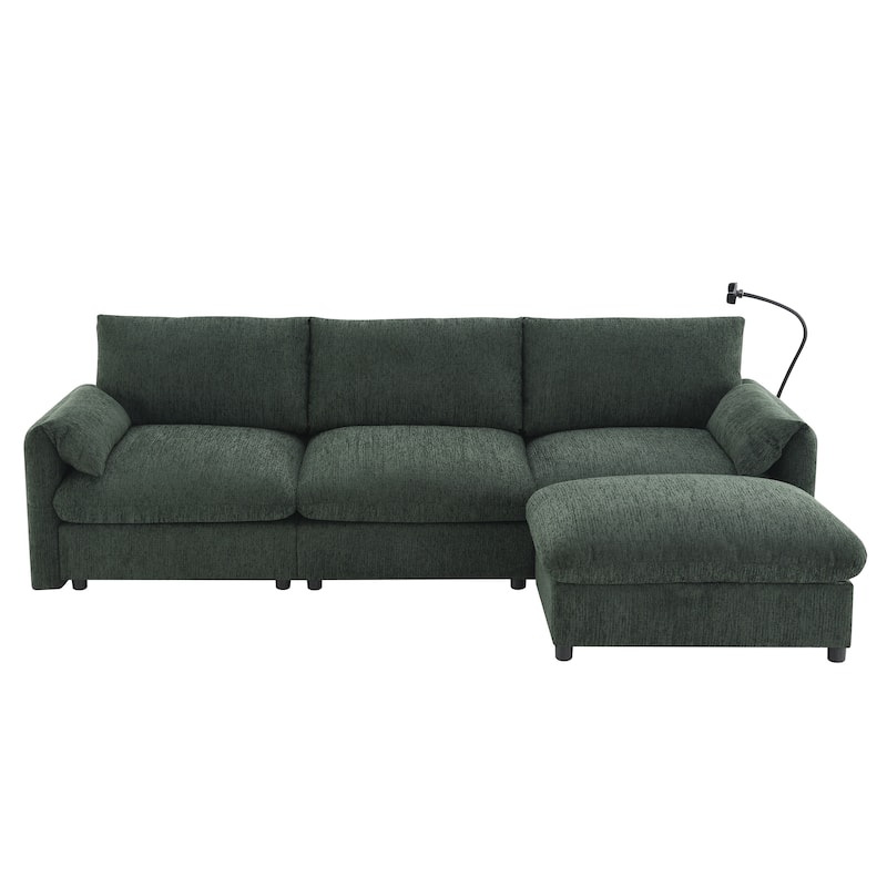 L-Shaped Sectional Chenille Sofa with Storage Ottoman, Phone Holder, USB Charger, Elephant Ear-Shaped Armrests and Pockets