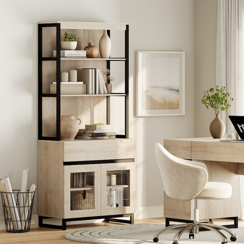 Modern 72" Tall Bookcase with Drawer and Open Book Shelfs for Home Office, Living room. - 7'9" x 9'9" - beige