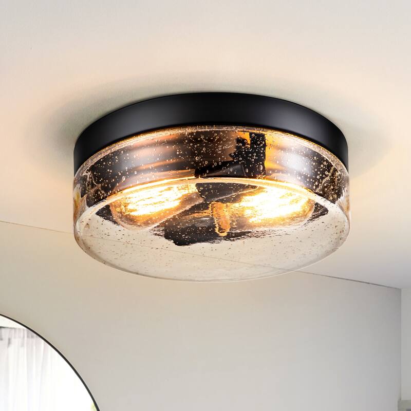 11.2" 2-Light Black Farmhouse Dome Flush Mount Ceiling Light with Seeded Glass Shade for Hallway,Kitchen, Entryway and Foyer