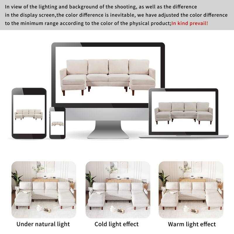 103'' Versatile U-Shaped 4 Seater Sectional Sofa Sofa with 2 Chaise, Solid Wood Legs, and Spacious Areas