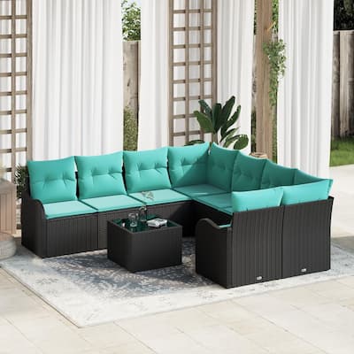 vidaXL 9 Garden Sofa Set with Cushions Black Poly Rattan - 91.5 x 92.1 x 27.2