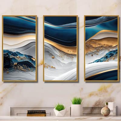 Designart "Abstract Geode Waves Blue II" Modern Waves Framed Canvas Art Print - 3 Panels