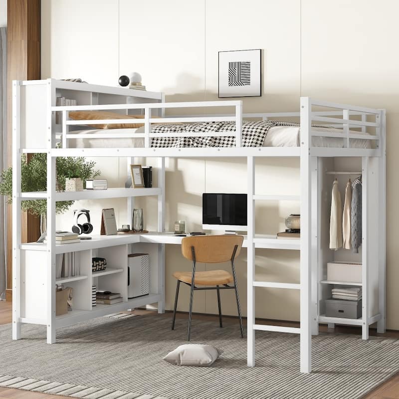 Metal Loft Bed with Wardrobe,L-shaped Desk,Storage Cubes and Shelves