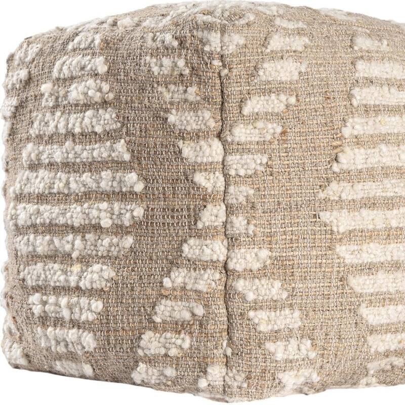 HomeRoots 18" Ivory and Natural Cotton Jute And Wool Geometric Cube Pouf Ottoman