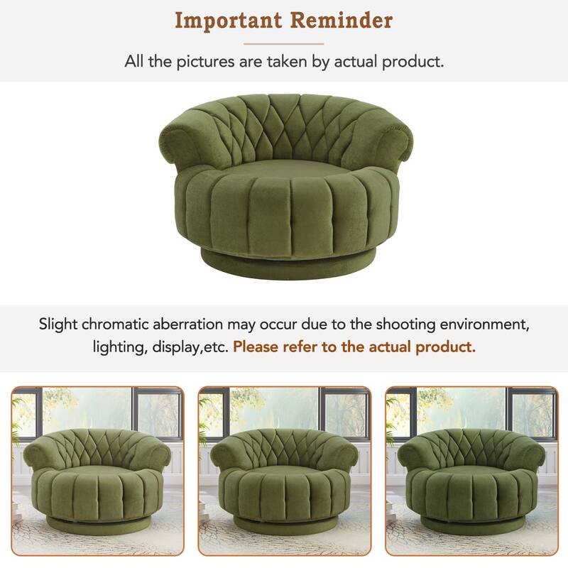 Roomfitters 46 Inch Oversized Round Barrel Swivel Accent Chair with Channel Tufting, Chenille