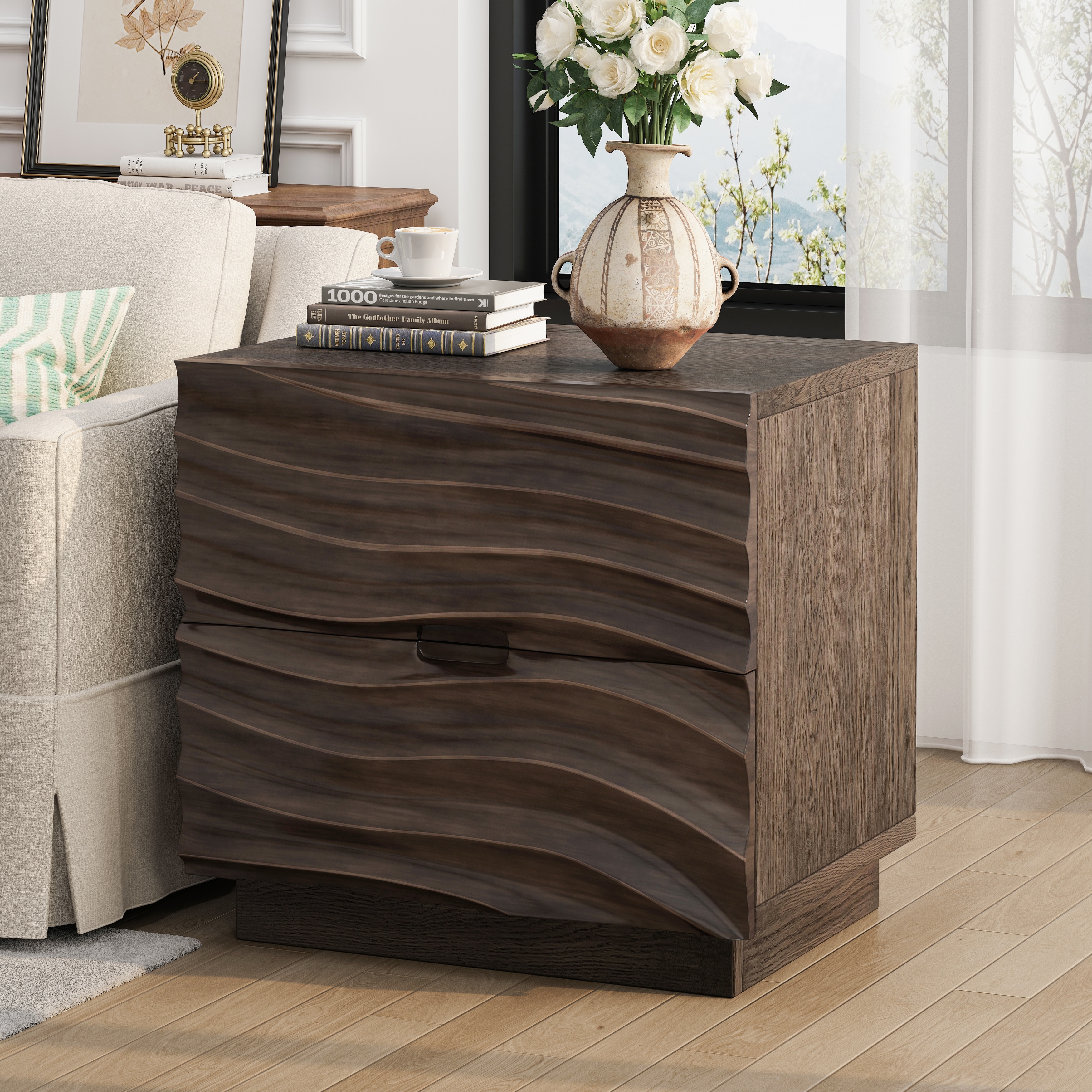Solid Wood Nightstands, Bedside Table with 2 Drawers, No Handles, Sofa End Table for Living Room, Bedrooms
