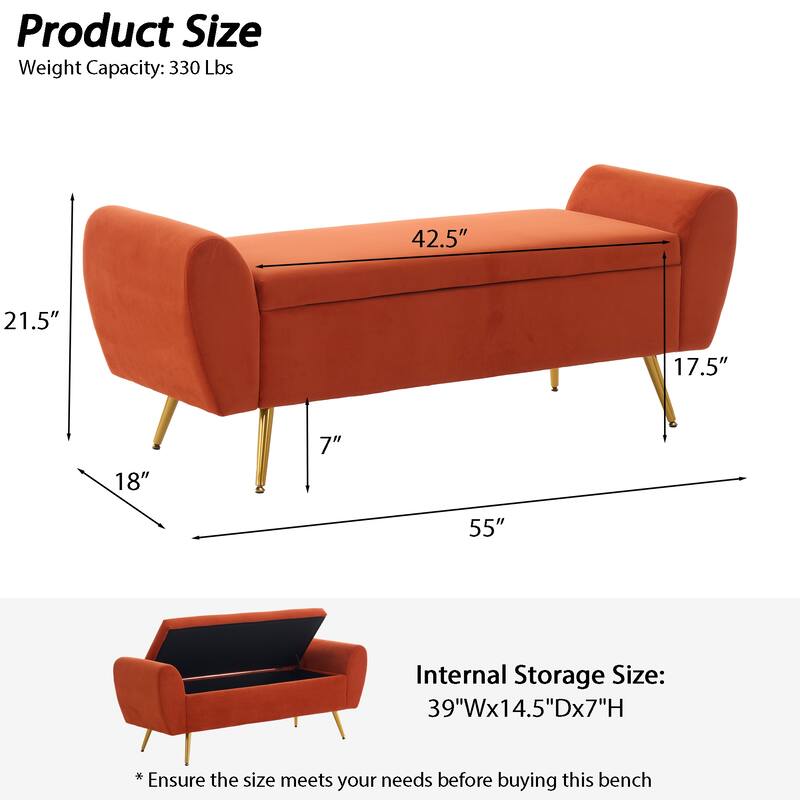 Upholstered 55"W Flip Top Storage Bench Bedroom Bench Modern End of Bed Bench for Entryway Hallway Window with Gold Legs