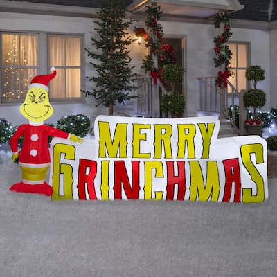 Gemmy Christmas Inflatable Grinch with Merry Grinchmas Sign, 5 ft Tall