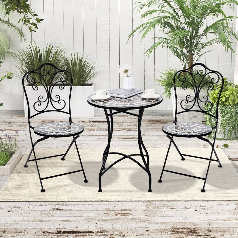 24" Mosaic Pattern Round Patio Bistro Table with Metal Frame and Concrete Top for Balcony or Yard