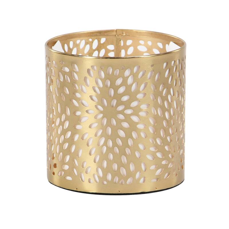 Metal Geometric Pencil Cup with Laser Carved Design - Gold - Roche River Decor