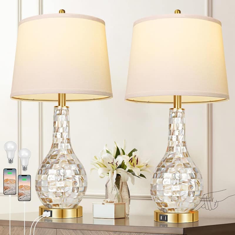 Modern Coastal Style Bedside Table Lamp with USB Port, 2700K LED Bulb (Set of 2)