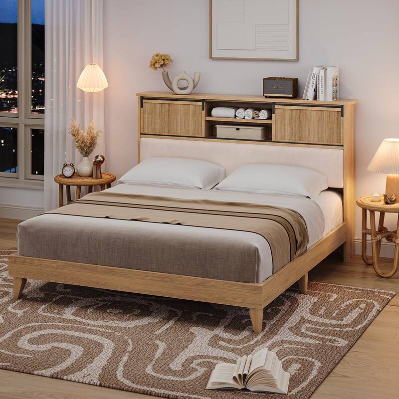 Rattan Bed Frame with Headboard & Sliding Door Shelf - Queen