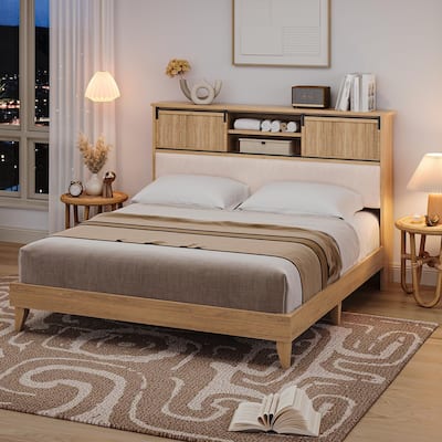 Rattan Bed Frame with Headboard & Sliding Door Shelf