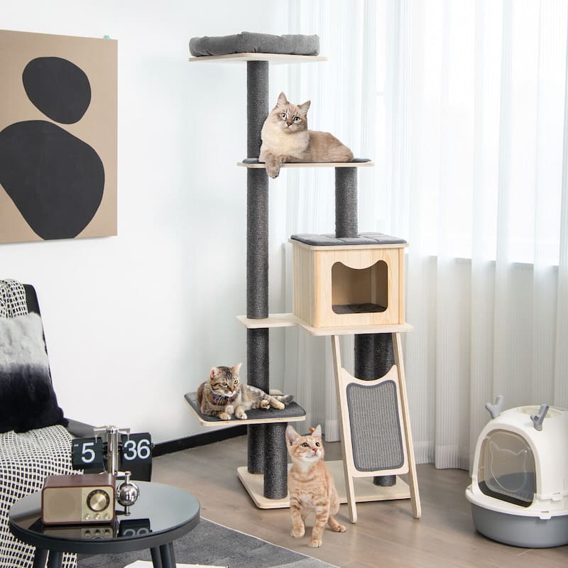 5-Tier Modern Wood Cat Tower with Washable Cushions-Grey