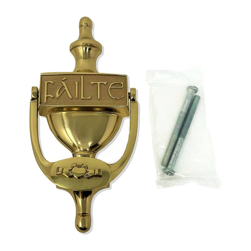 Brass Failte Claddagh Door Knocker with Vintage Finish and Irish Plaque