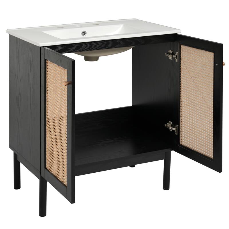 30-Inch Bathroom Vanity Crafted From Natural Materials, Featuring Handmade Rattan Doors And Soft-Closing Mechanisms
