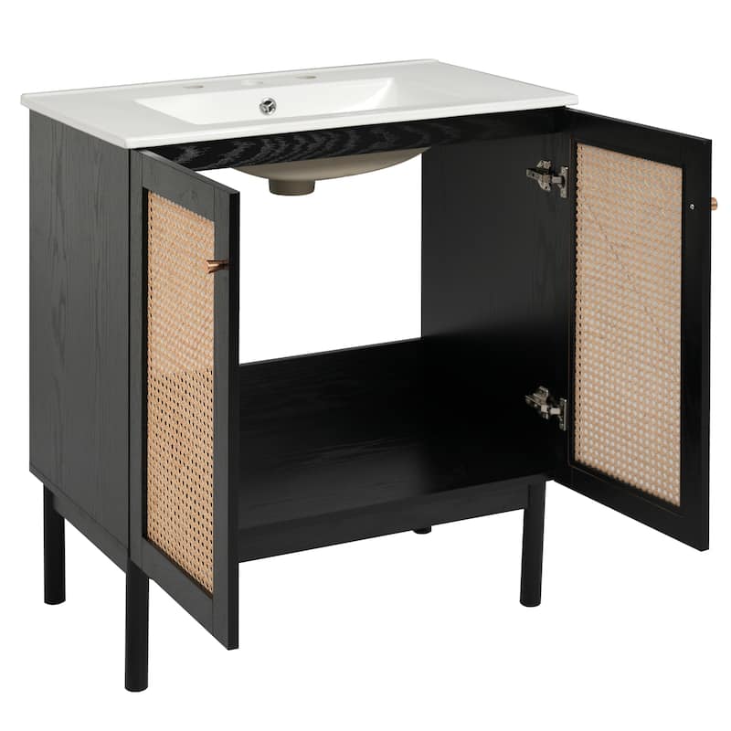 Boho Rattan Black Bathroom Vanity, Rectangular Ceramic Sink Bathroom Cabinet, 30" - 30 Inch