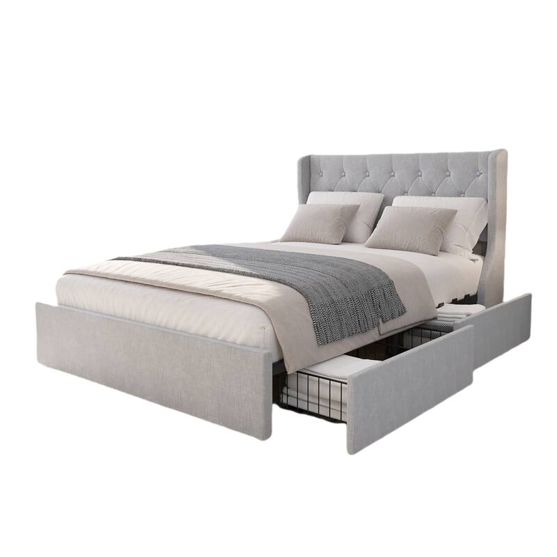 Full/Queen Size Bed Frame with 4 Storage Drawers, Wingback Headboard