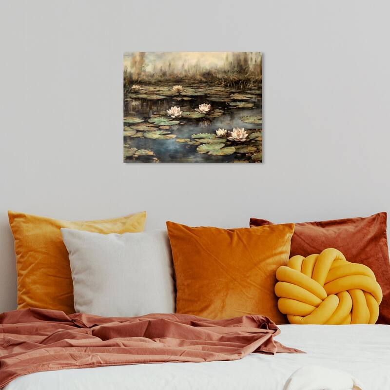 Wynwood Studio Canvas Nature and Landscape Vintage Water Lily Art Brown and Dark Brown Traditional Wall Art Canvas Print - 20 x 16