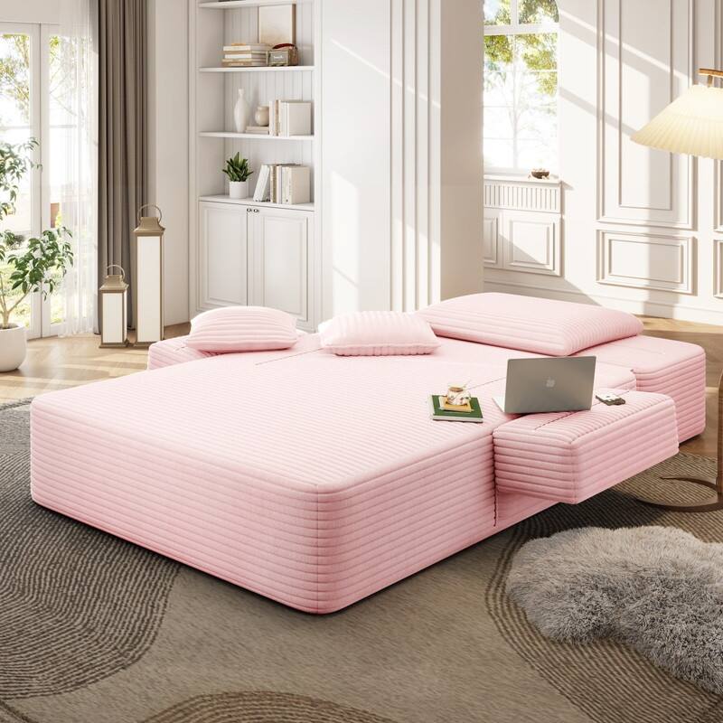 Luxurious Plush Corduroy Chaise Lounge Convertible Sofa Bed with Storage Pocket and Wide Armrests