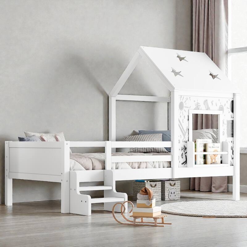Kids House Platform Bed with Stairs, Star Roof, Window, Bookcase & Blackboard, Solid Wood Low Profile Bed No Box Spring