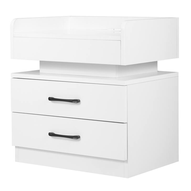 Modern Nightstand with 2 Drawers,USB Charging Ports and Remote Control LED Light