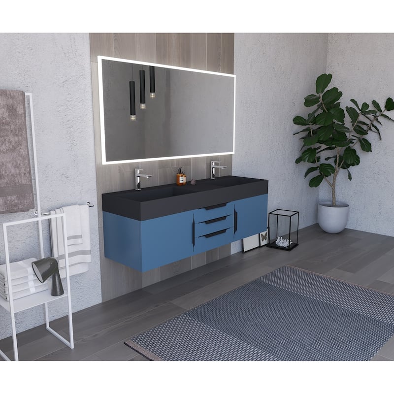 Amazon 60" Wall Mounted Bathroom Vanity Set w/ Black Top