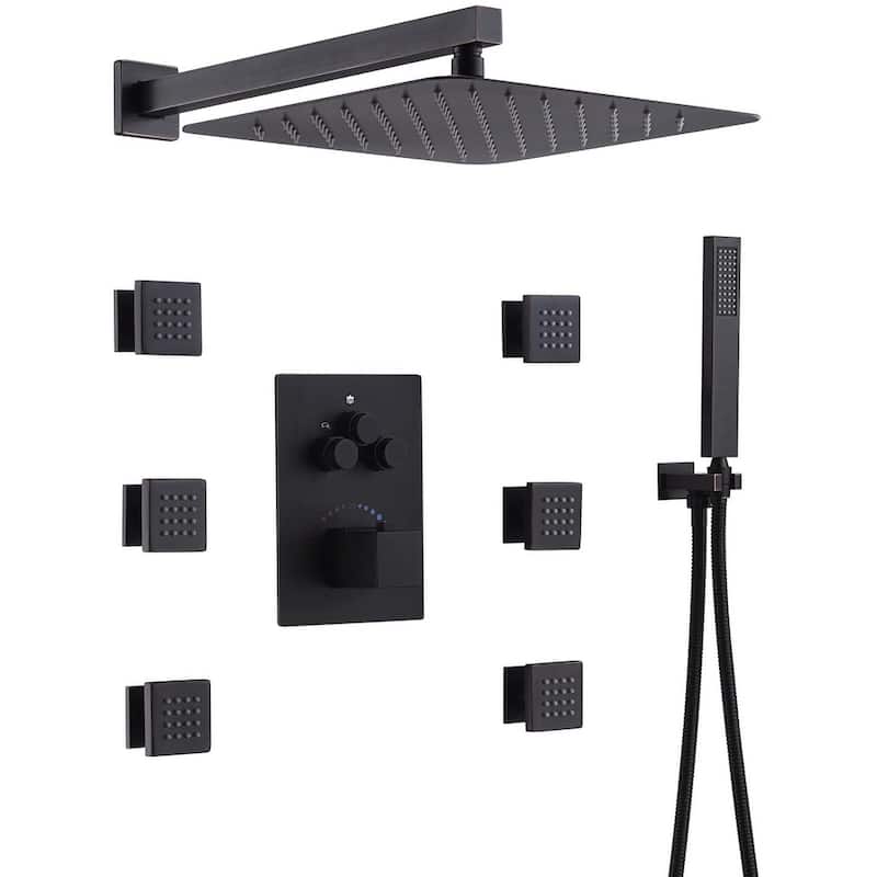 12" In Wall Rainfall 3 Way Thermostatic Faucet Shower System w/ 6 Body Jets - Oil Rubbed Bronze