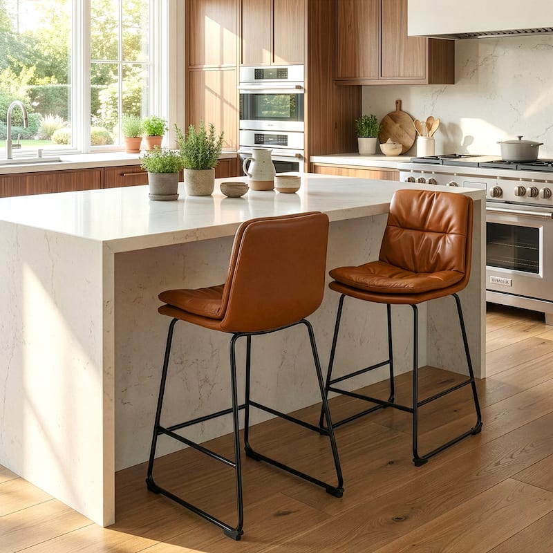 Set of 2 Bauer Brown Faux Leather Counter Stool with Black Iron Legs