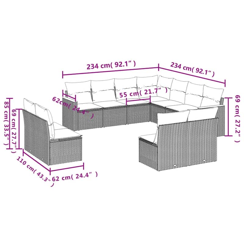 vidaXL 11 Piece Patio Sofa Set with Cushions Black Poly Rattan