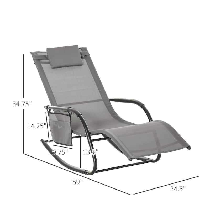 Outdoor Rocking Chaise Lounge Chair with Headrest Armrests and Side Pocket Breathable Mesh Recliner - 59" L x 24.5" W x 34.75" H