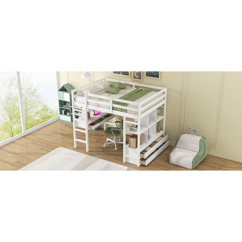 Roomfitters Full Size Loft Bed with Built-In Desk, 4 Drawers and Storage Shelves, White