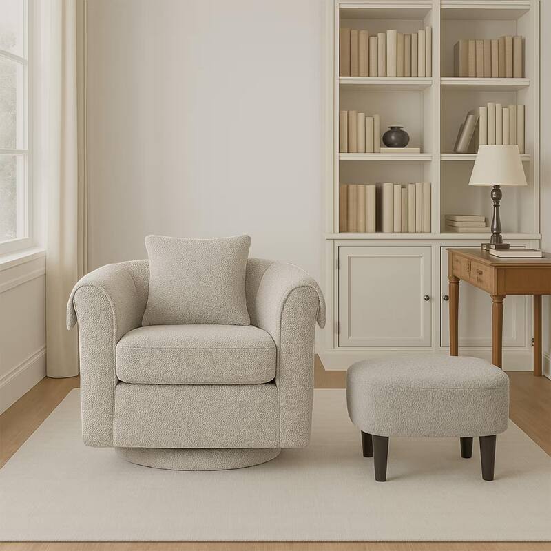 Homy Lin 360° Swivel Chenille Accent Chair with Ottoman,Armrests & Back Pillow, Comfy Living Room Armchair Set for Read or Relax