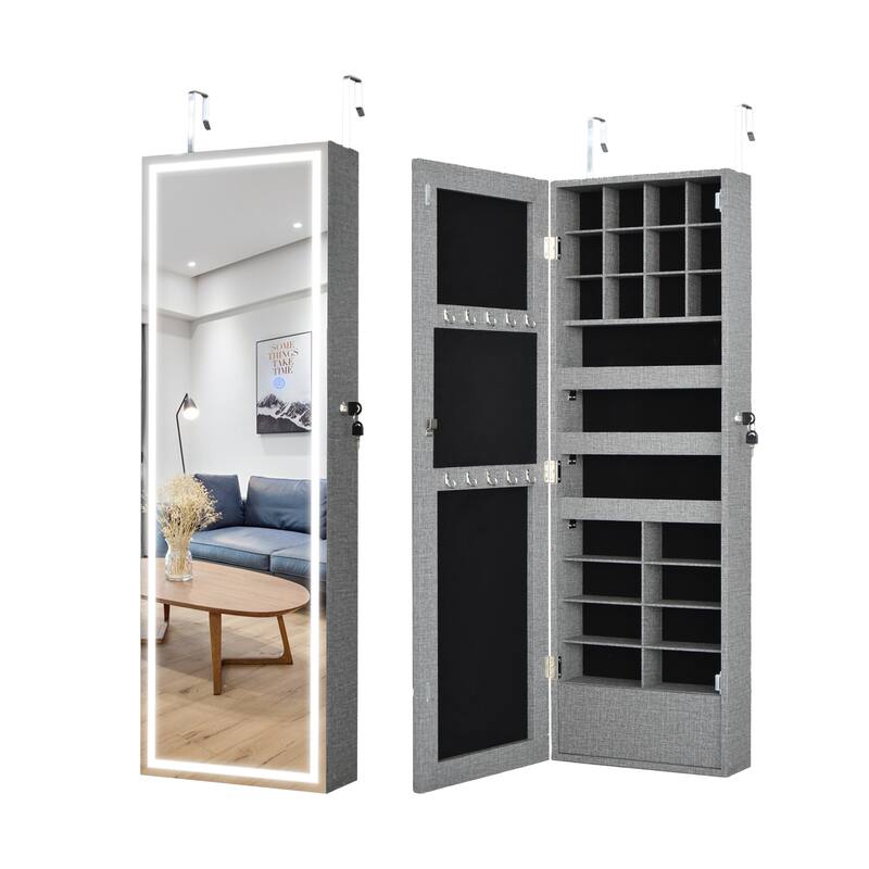 Anmytek Jewelry Storage Mirror Cabinet With LED Lights Can Be Hung On The Door Or Wall