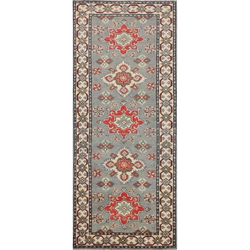 Gray Geometric Kazak Oriental Runner Rug Hand-Knotted Wool Carpet - 2'2" x 6'0"