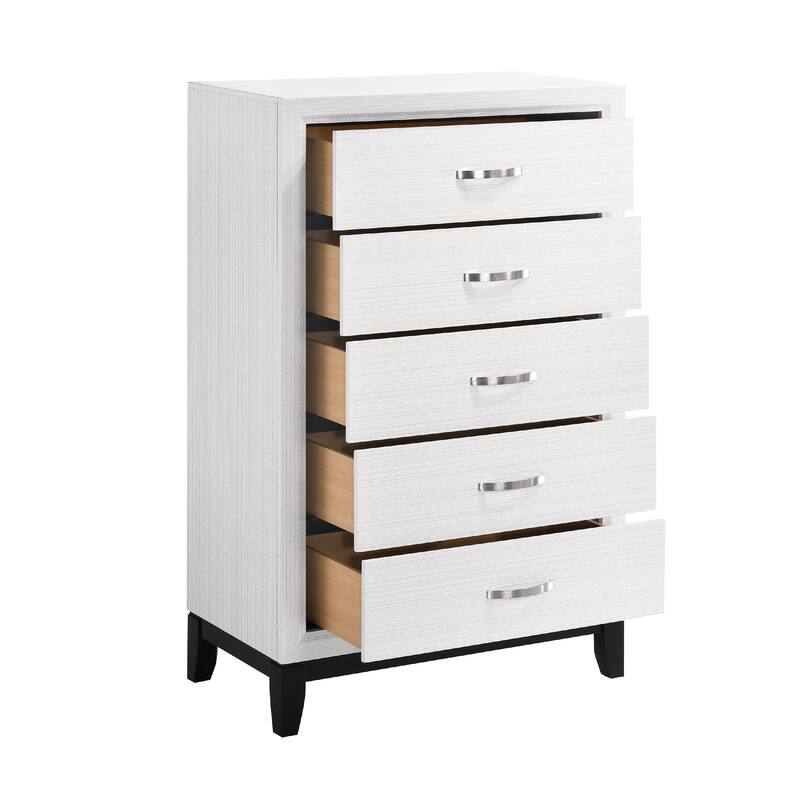 Ameya Tall Dresser Chest, 5 Drawers w Chrome Handles, White and Black