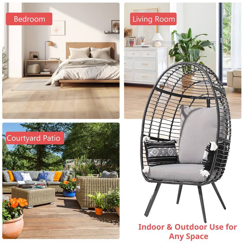 Outdoor 1-Person Wicker Rattan Egg Chair with Stand & Cushion for Porch, Bedroom