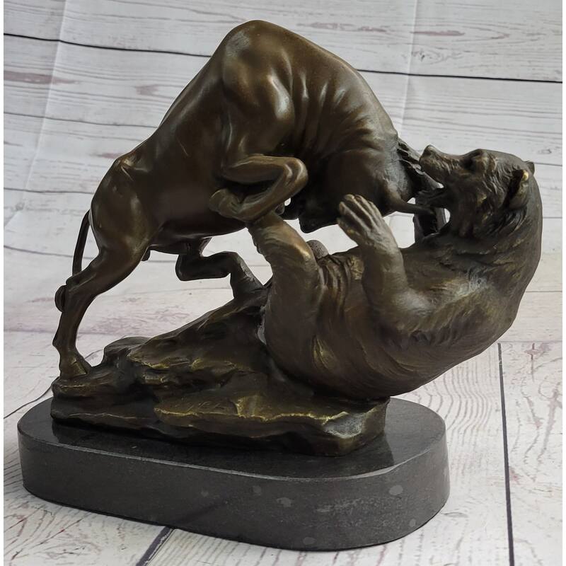 Wall Street Bull Vs Bear Market Bronze Metal Desktop Statue Sculpture 9 Inches X 11 Inches