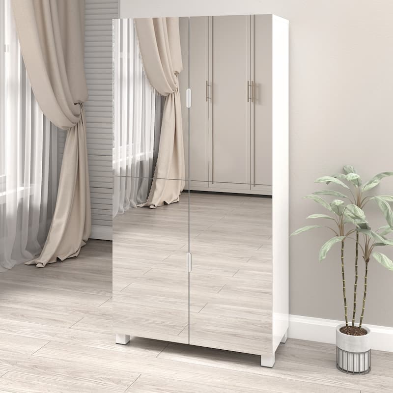 8 Tier Shoe Storage Cabinet with Mirror Door - White