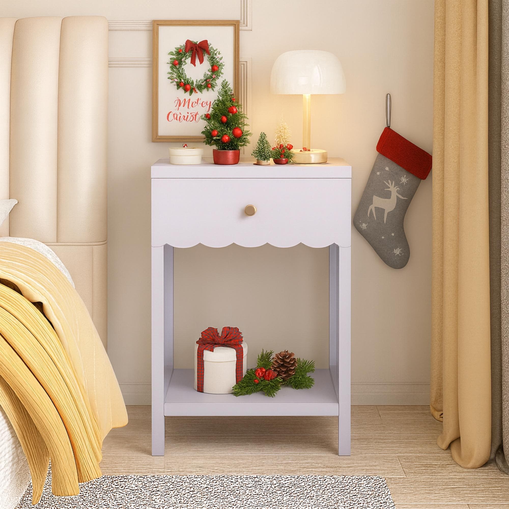 Anmytek Scalloped Edge Bedside Table Modern Storage Nightstand with Drawer Open Shelf