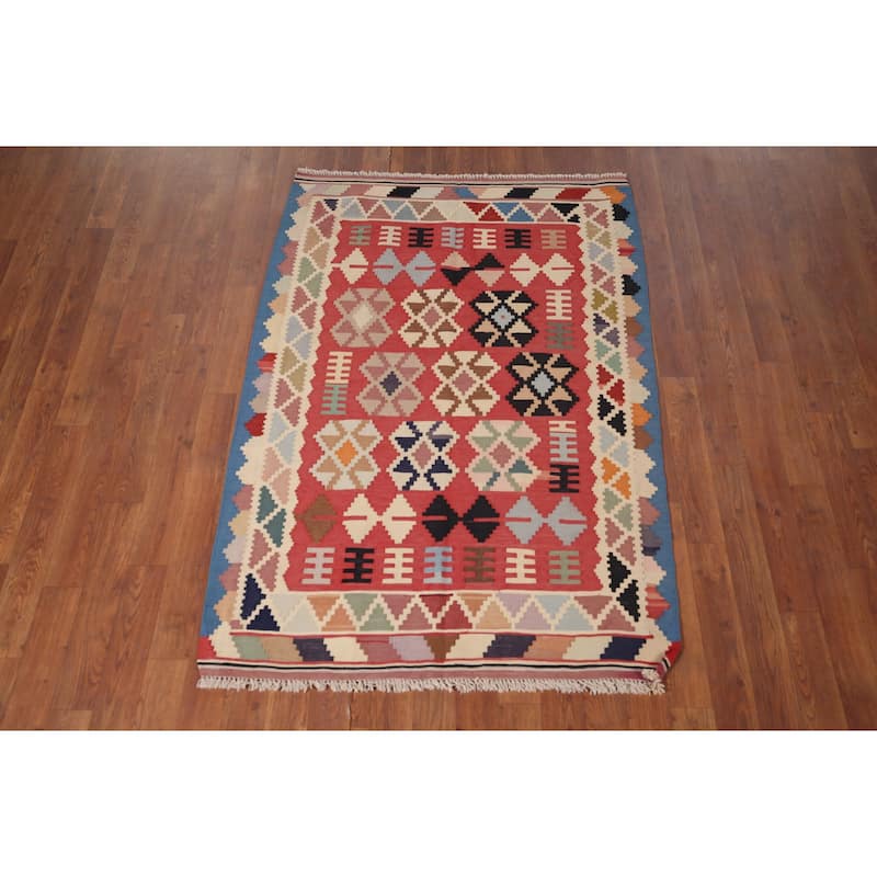 Geometric Kilim Qashqai Persian Vintage Rug Hand-Woven Wool Carpet - 3'4"x 4'10"